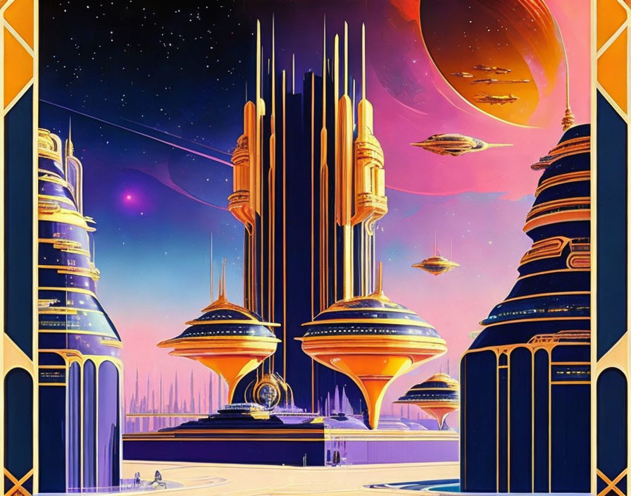 Futuristic cityscape with spired buildings and flying vehicles