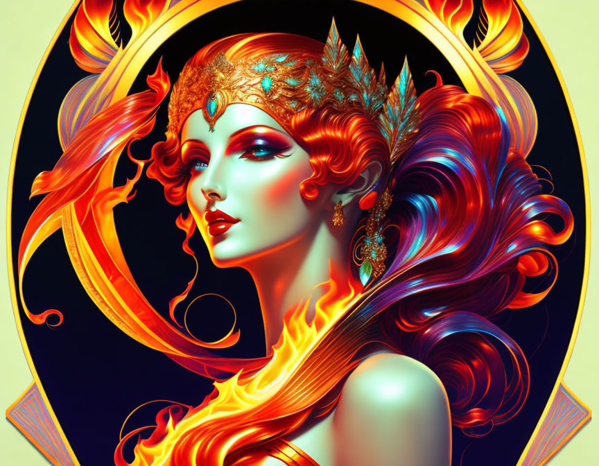 Colorful portrait of woman with orange hair and feathered headdress on geometric backdrop