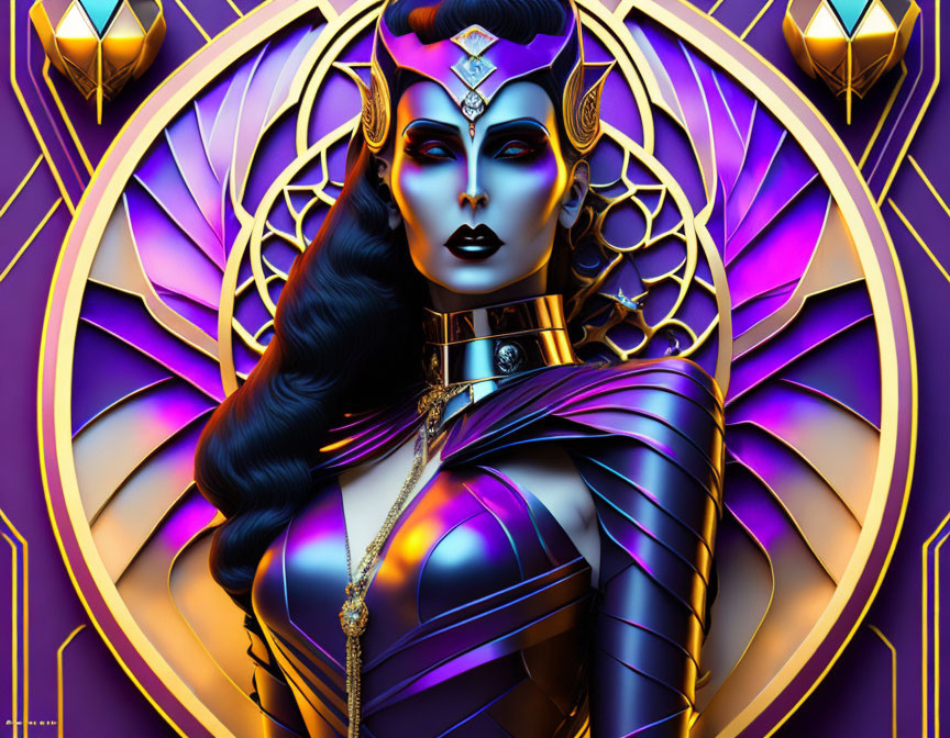 Illustration of woman in futuristic purple armor on golden geometric background