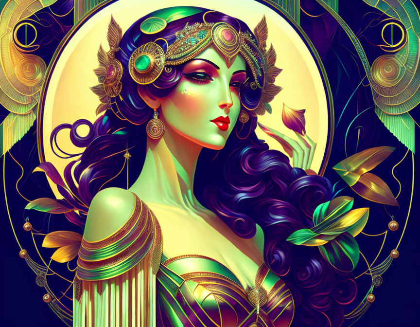 Stylized woman portrait with black hair and golden headpiece on art nouveau background