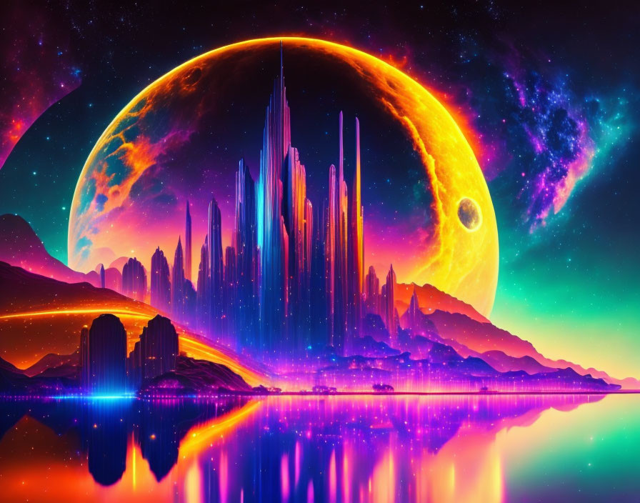 Futuristic cityscape with towering skyscrapers under a massive planet in a multicolored neb