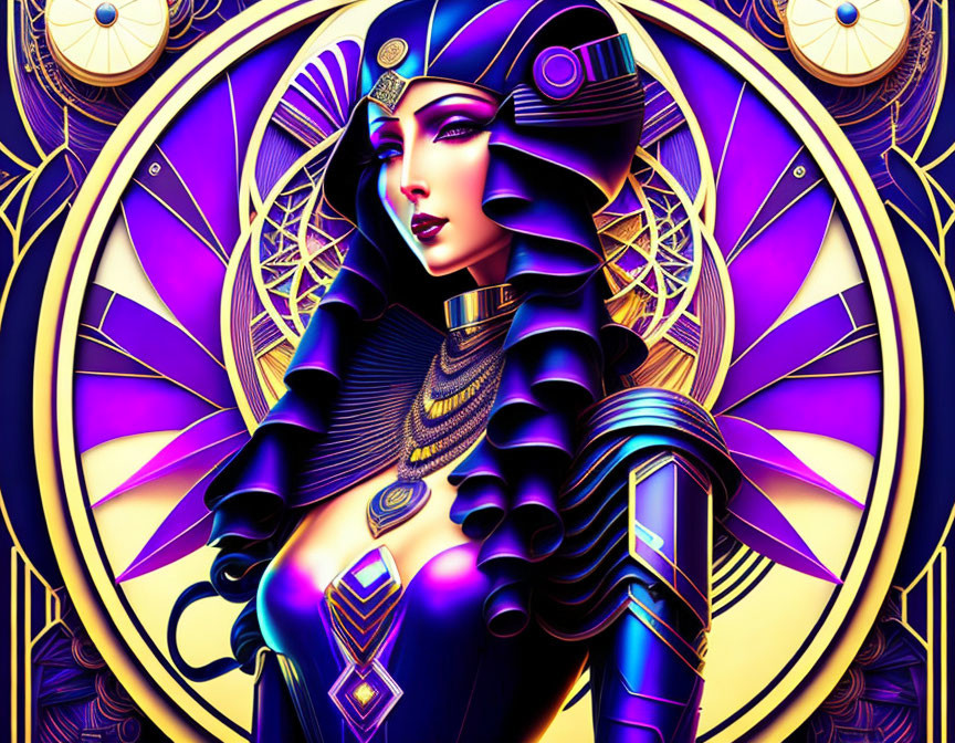 Digital Artwork: Female Figure with Egyptian Headdress in Blue and Purple Hues