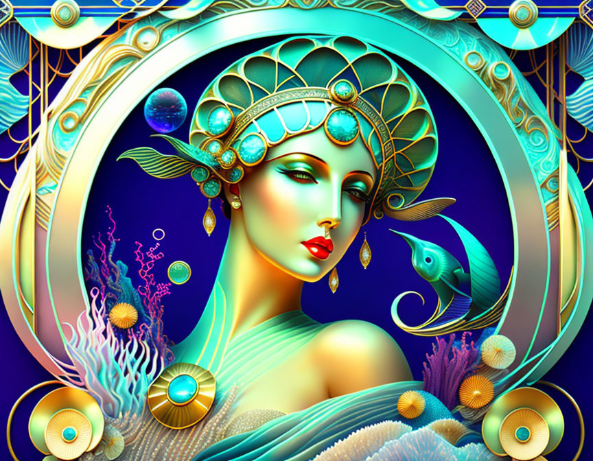 Colorful digital artwork featuring woman in aquatic headdress with marine life and golden frames.