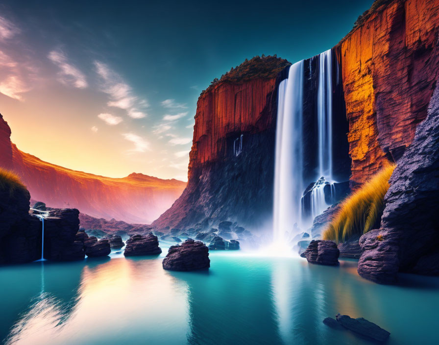 Majestic waterfall over rugged cliff into serene blue pool