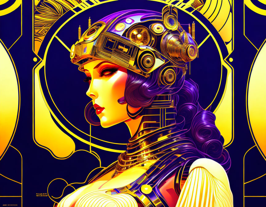 Stylized woman in futuristic helmet and suit on vibrant digital artwork