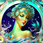 Colorful digital artwork featuring woman in aquatic headdress with marine life and golden frames.