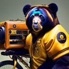 Stylized bear on motorcycle with yellow jacket and boombox