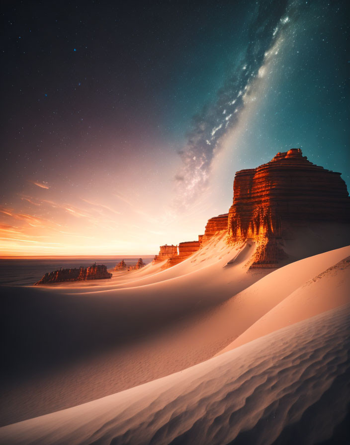 Twilight desert landscape with sand dunes and layered rock formations