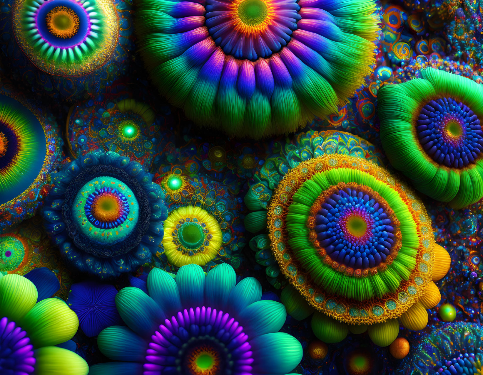 Colorful fractal art of sea anemone-like designs on dark background