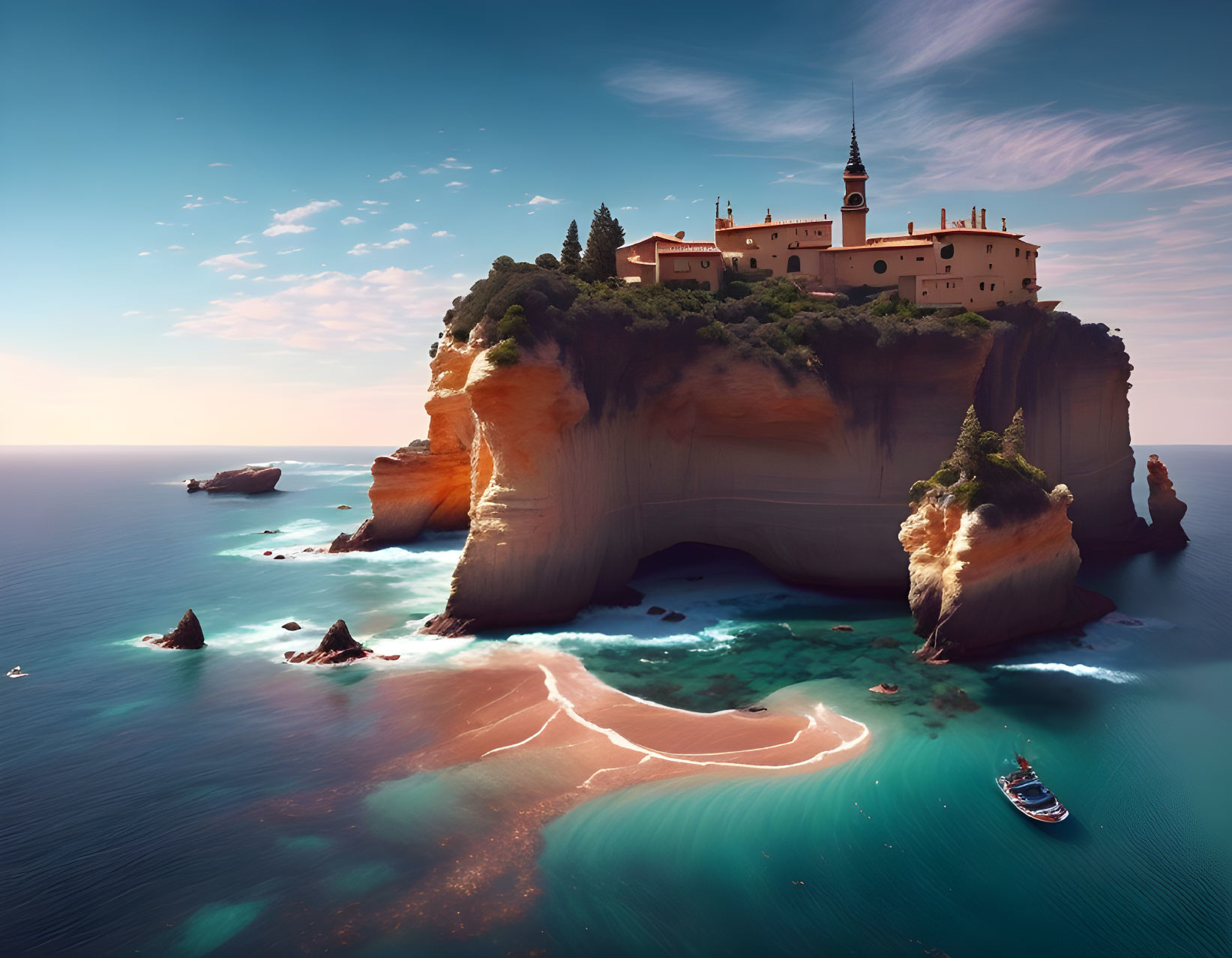 Seaside Cliff with Castle, Azure Waters, Boat, and Pink Sands