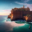 Seaside Cliff with Castle, Azure Waters, Boat, and Pink Sands