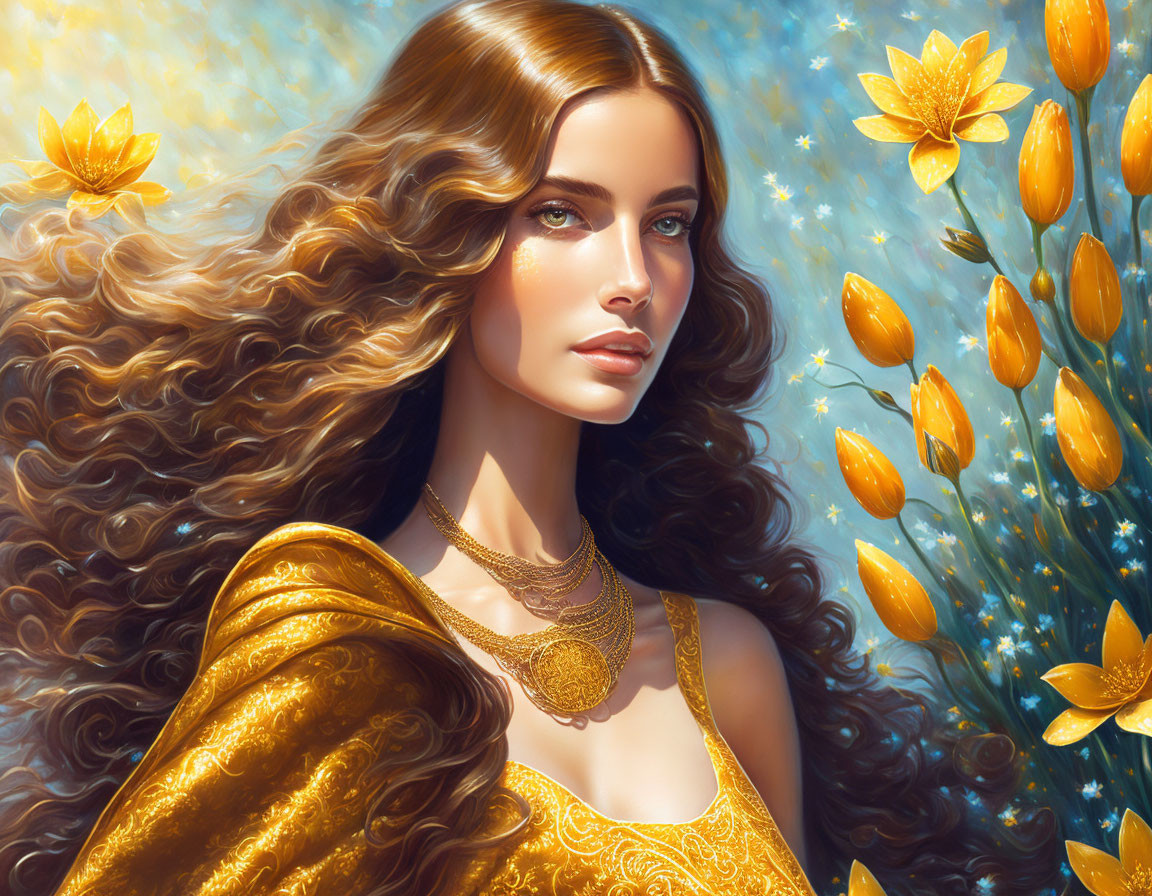 Woman with flowing brown hair in golden attire among luminous yellow flowers under radiant light