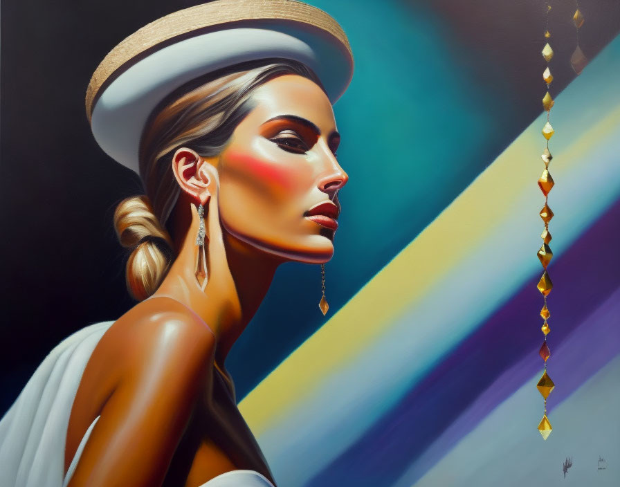 Vibrant Woman Portrait with Hat and Geometric Earring