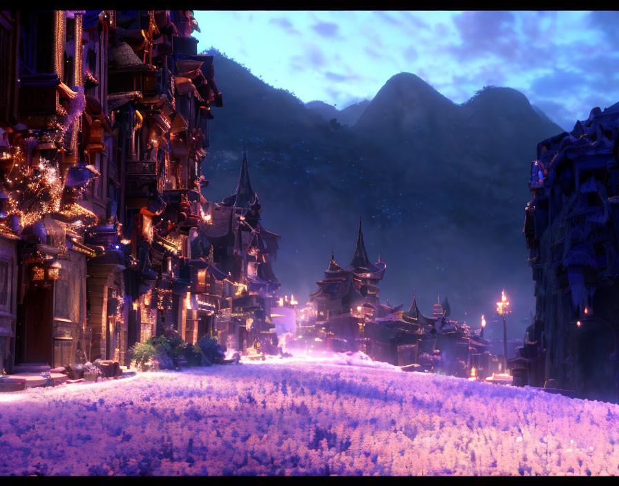 Fantastical snowy town at night with purple hues