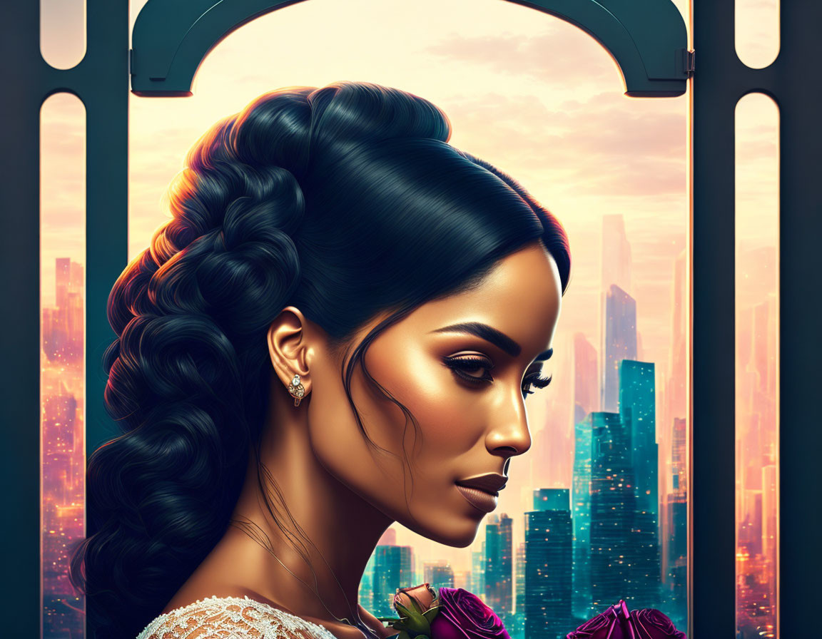 Stylized portrait of woman with elaborate braid gazing at cityscape at sunset.