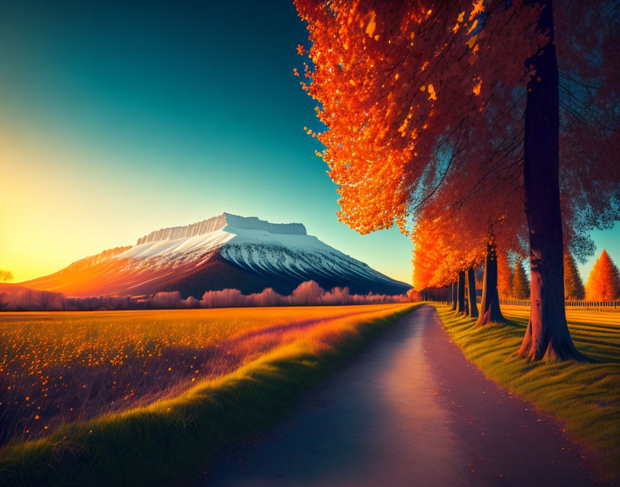 Autumn trees along serene pathway under vivid sunset near majestic flat-topped mountain