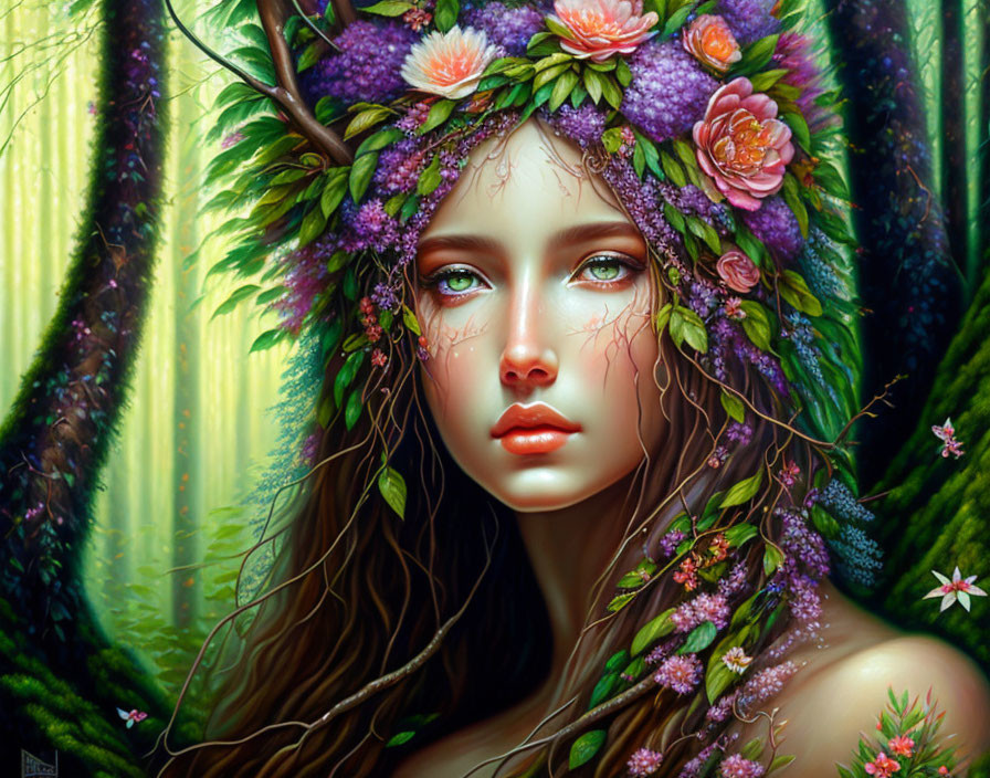 Female Figure with Flower Crown in Mystical Greenery