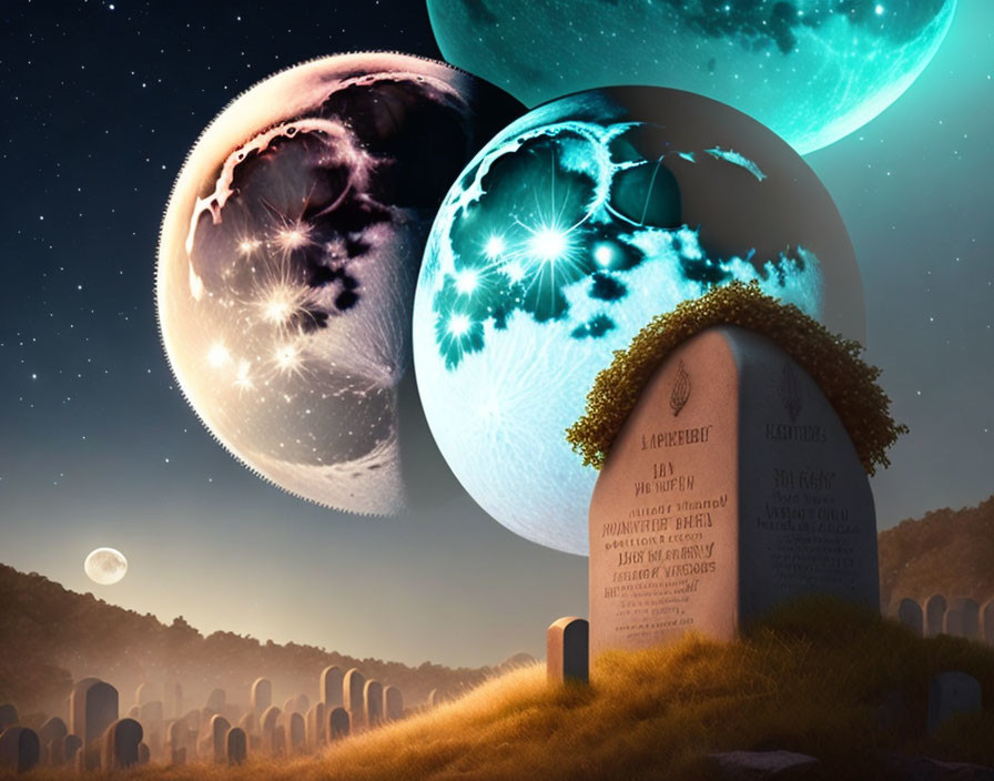 Surreal dreamscape with glowing moons, starry sky, tombstone, and gravestones