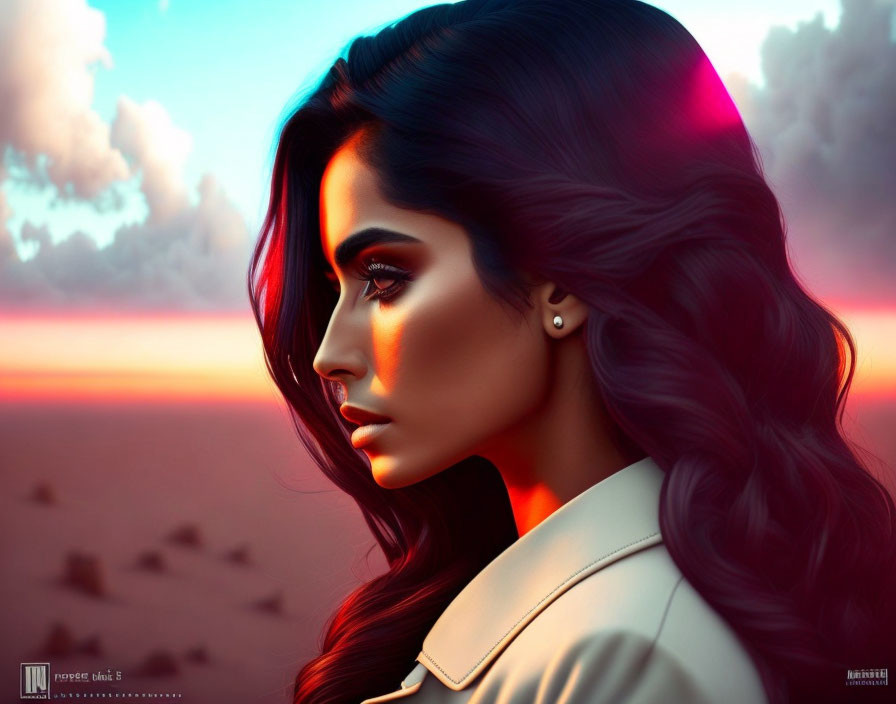 Dark-Haired Woman in Profile Against Vibrant Sunset Sky