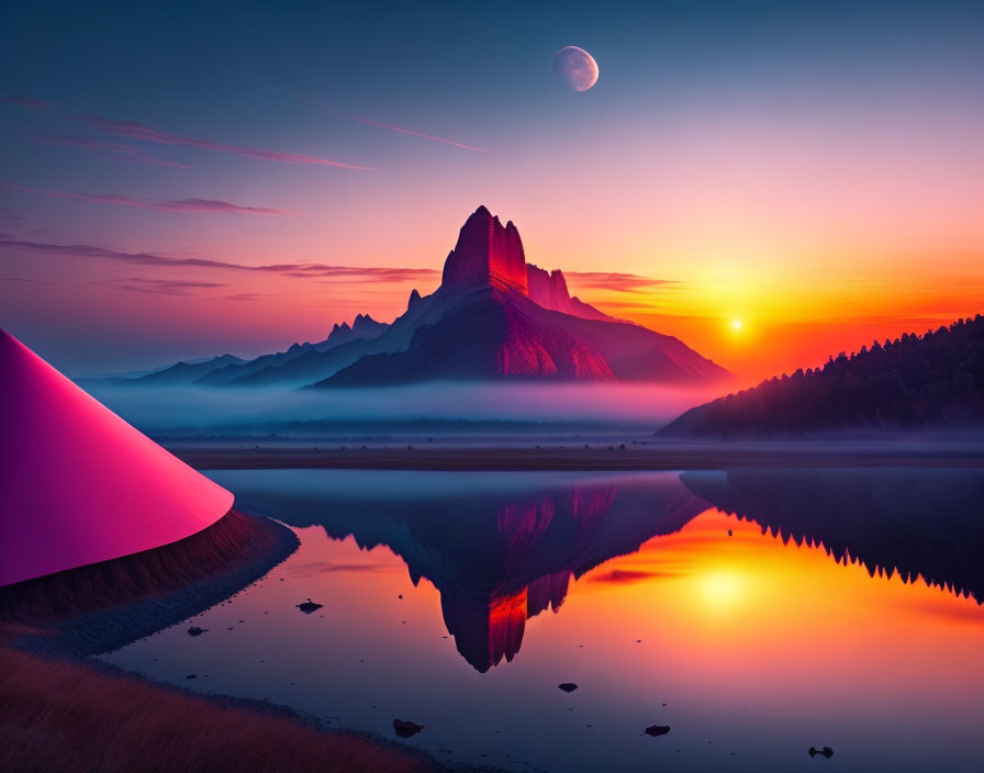 Vibrant pink sunset over mountain and lake with surreal elements