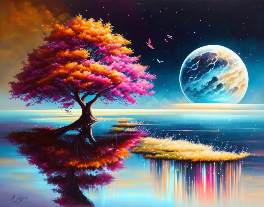 Colorful autumn tree by reflective water under night sky with moon, stars, nebulae, and