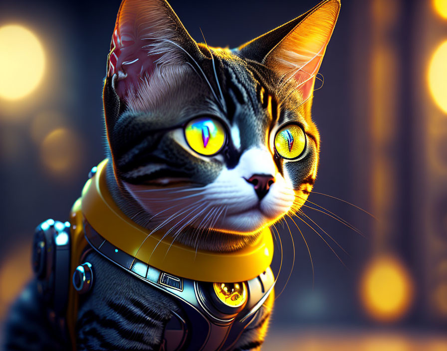 Tabby Cat Digital Artwork with Yellow Eyes and Futuristic Collar