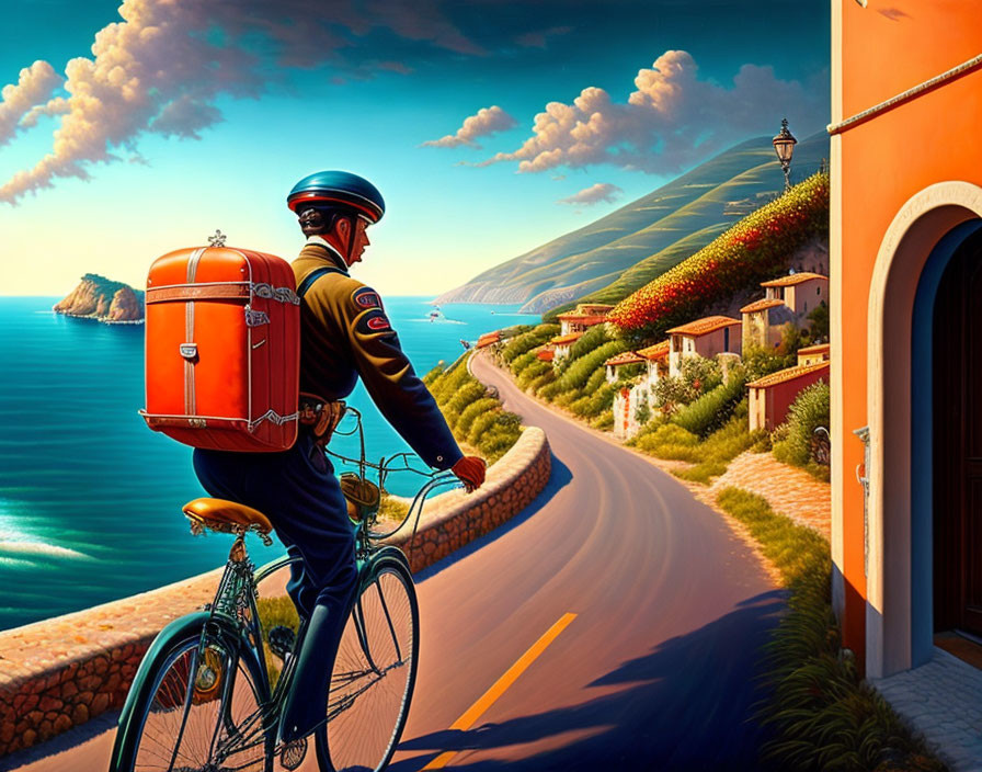 Postman in uniform cycling with large orange delivery box by ocean view