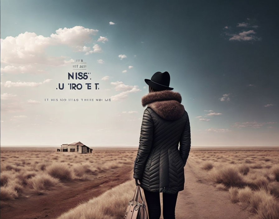 Person in coat and hat gazes at distant house in desert under cloudy sky