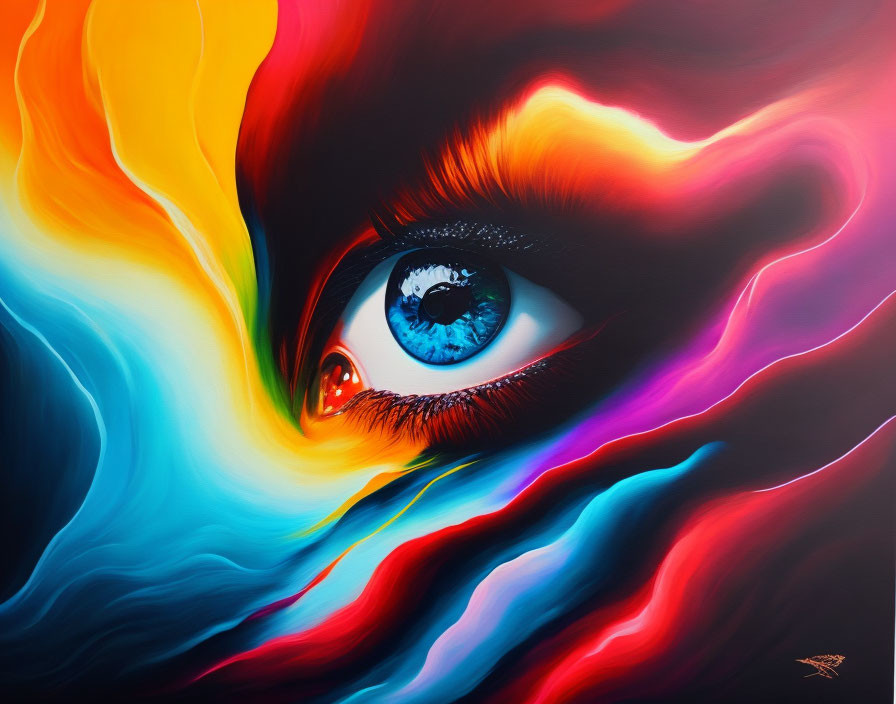 Colorful surreal painting: Human eye with swirling flames on dark background