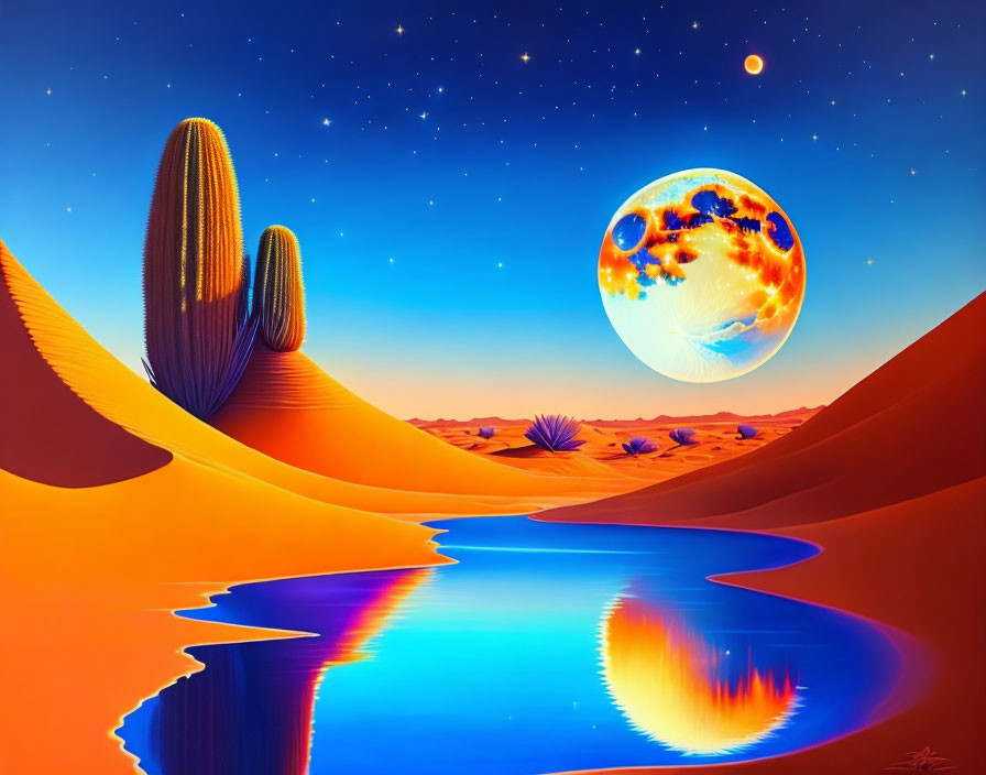 Digital Art: Desert landscape with cactus, sand dunes, river, and surreal planet