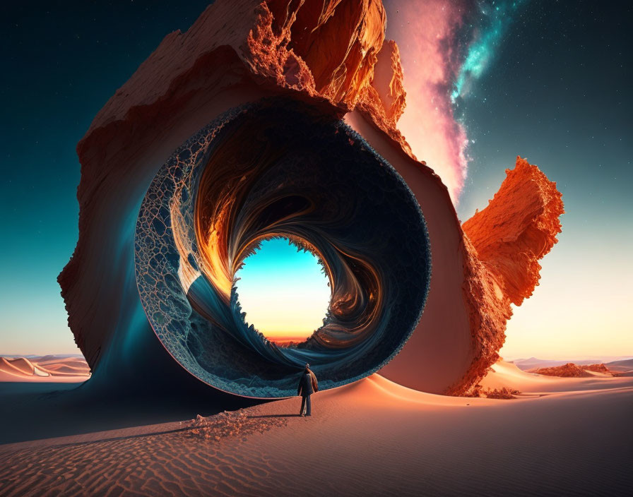 Person standing in surreal desert vortex under starry sky