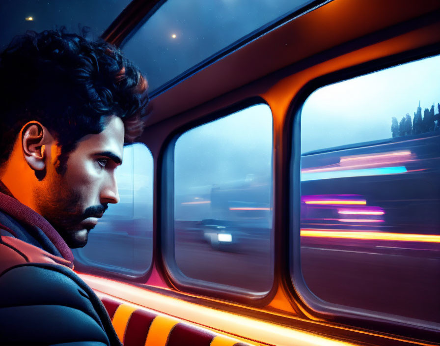 Man on Train at Dusk Watching Passing Lights