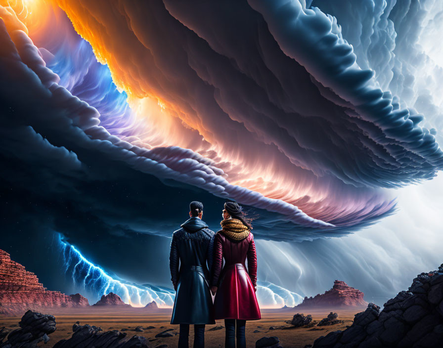 Two individuals in front of dramatic sky and surreal landscape