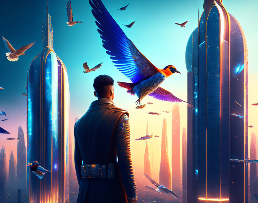 Futuristic cityscape with man watching vibrant birds among skyscrapers