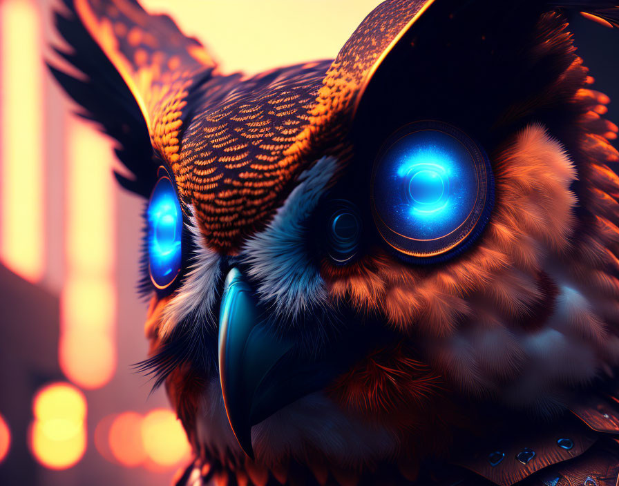 Stylized owl with glowing blue eyes and intricate feather patterns