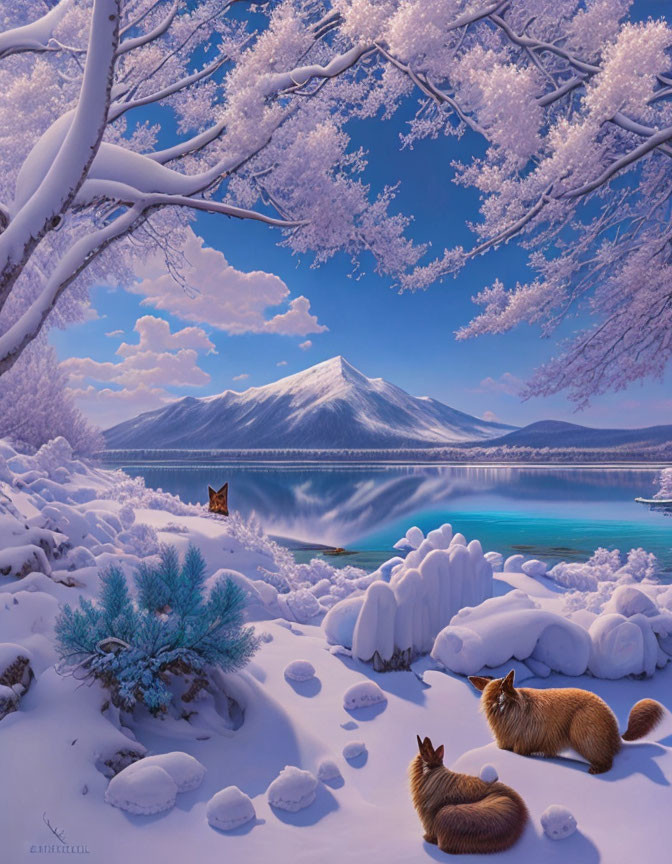 Winter scene: Foxes under tree, snowy landscape, mountain, and clear blue sky