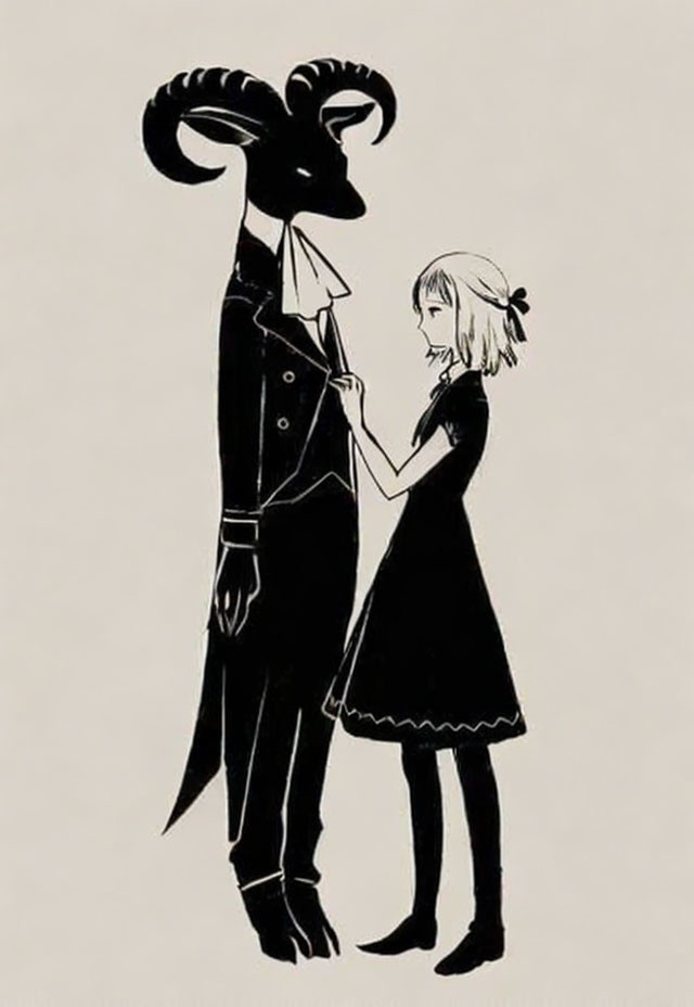 Stylized illustration of girl and goat-headed figure in formal attire