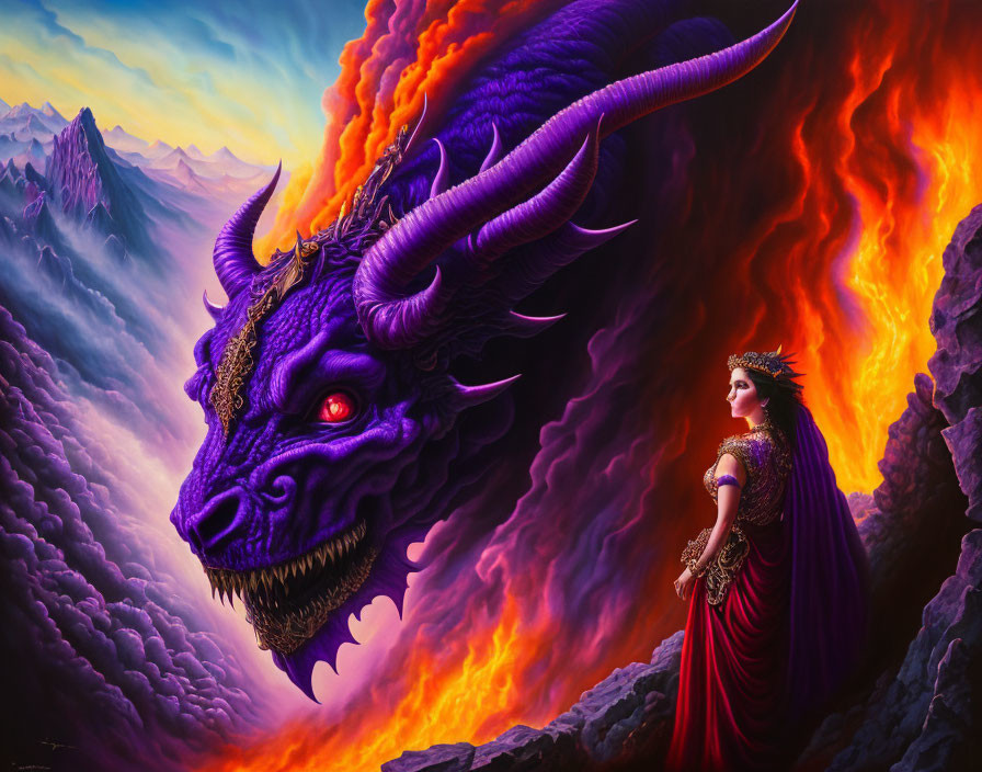 Woman in regal gown faces purple dragon in fiery landscape