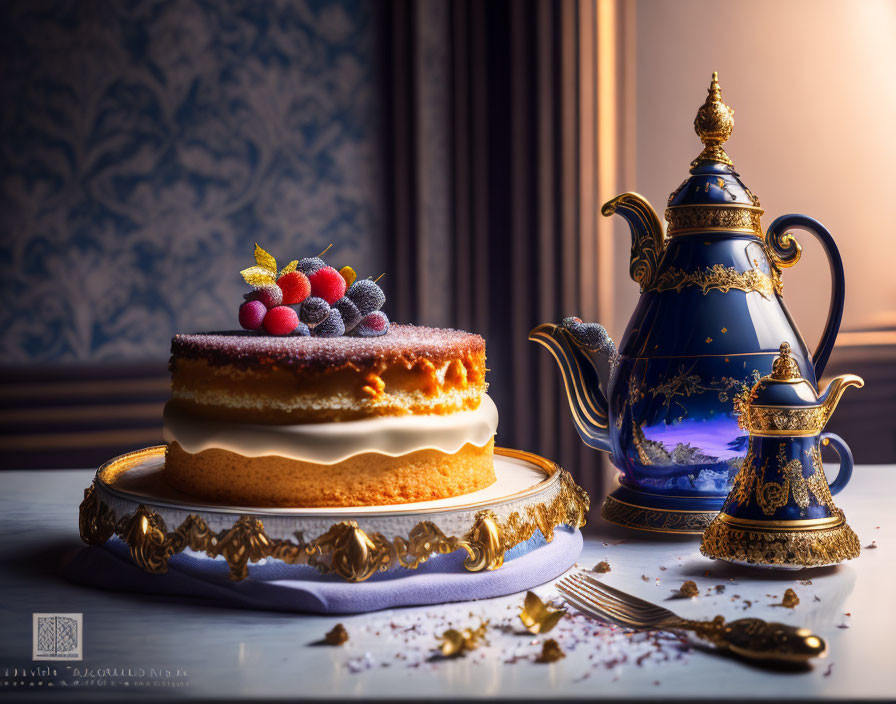 Luxurious berry-topped layer cake beside ornate blue teapot on elegant table