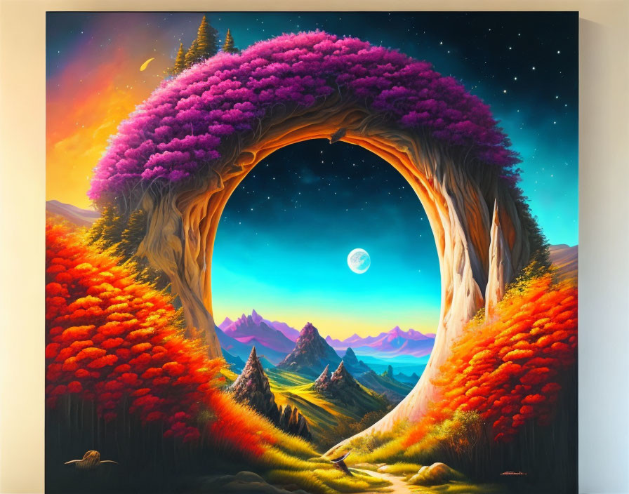 Landscape painting with circular archway, purple foliage, orange trees, mountains, night sky