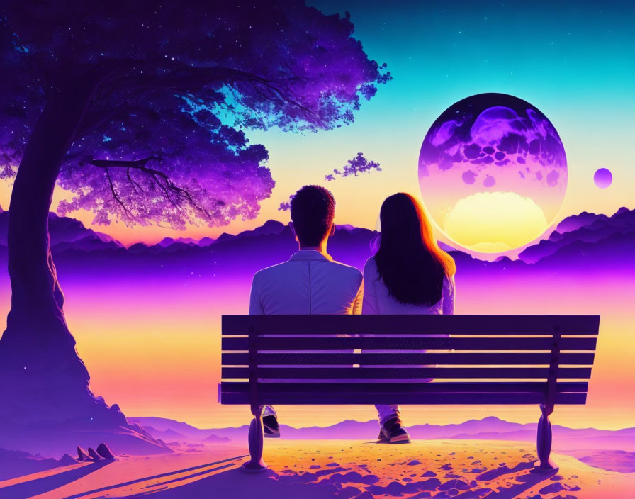 Couple on Bench Under Tree with Surreal Sky and Moon