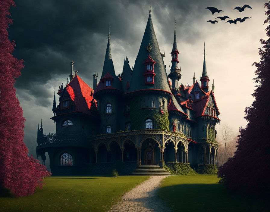 Gothic-style castle with spires, dark clouds, bats, and pink foliage.