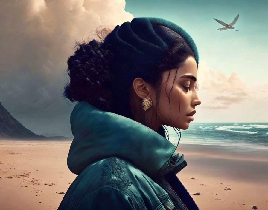 Stylized portrait of a woman with intricate hair and earring against stormy beach backdrop