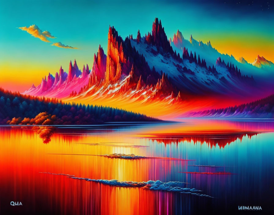 Fiery mountain range reflected in lake at twilight