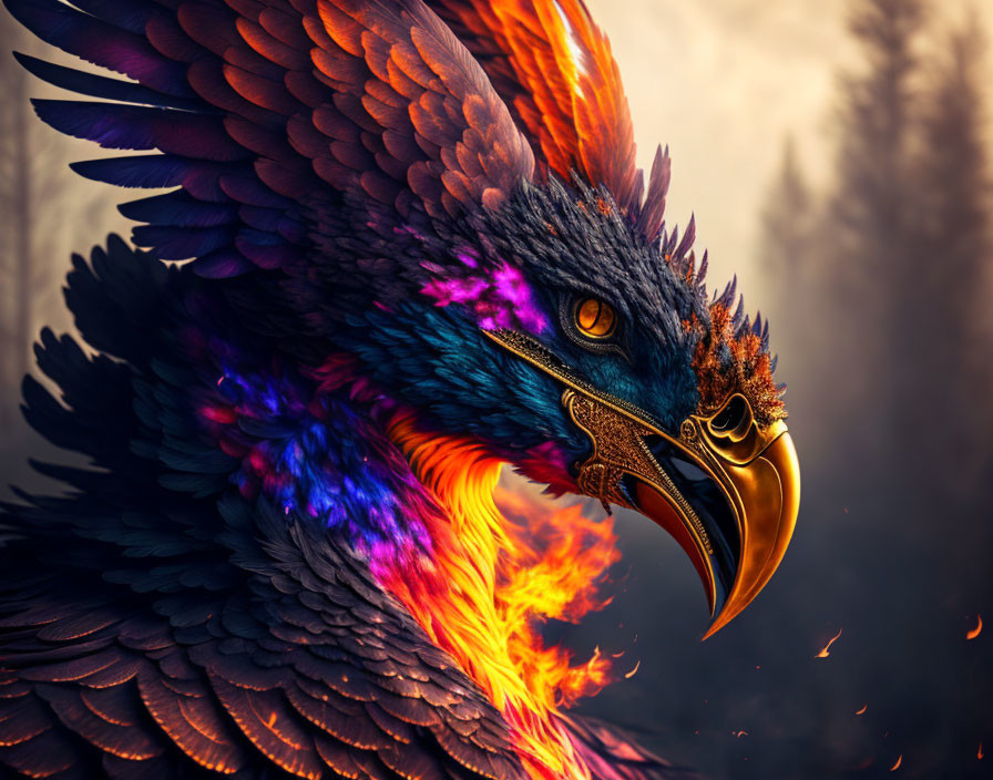 Colorful Phoenix Artwork with Intense Gaze in Forest Scene