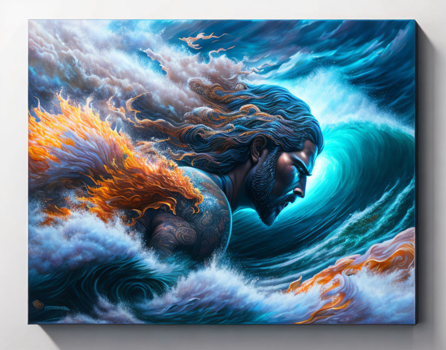 Bearded man merging with ocean waves and fiery clouds art piece