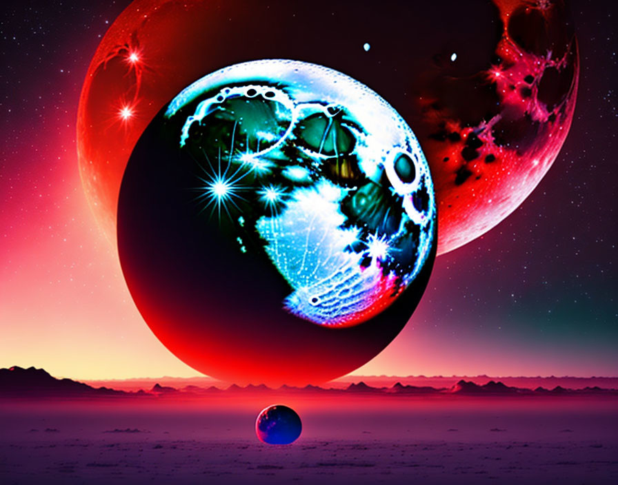 Multicolored planet in starry sky with red landscape and reflective sphere