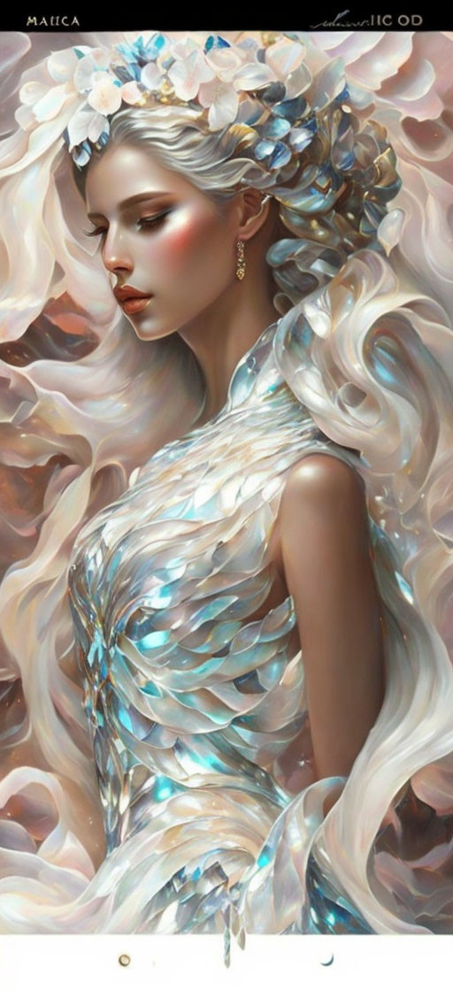 Fantasy woman with white hair and iridescent dress.