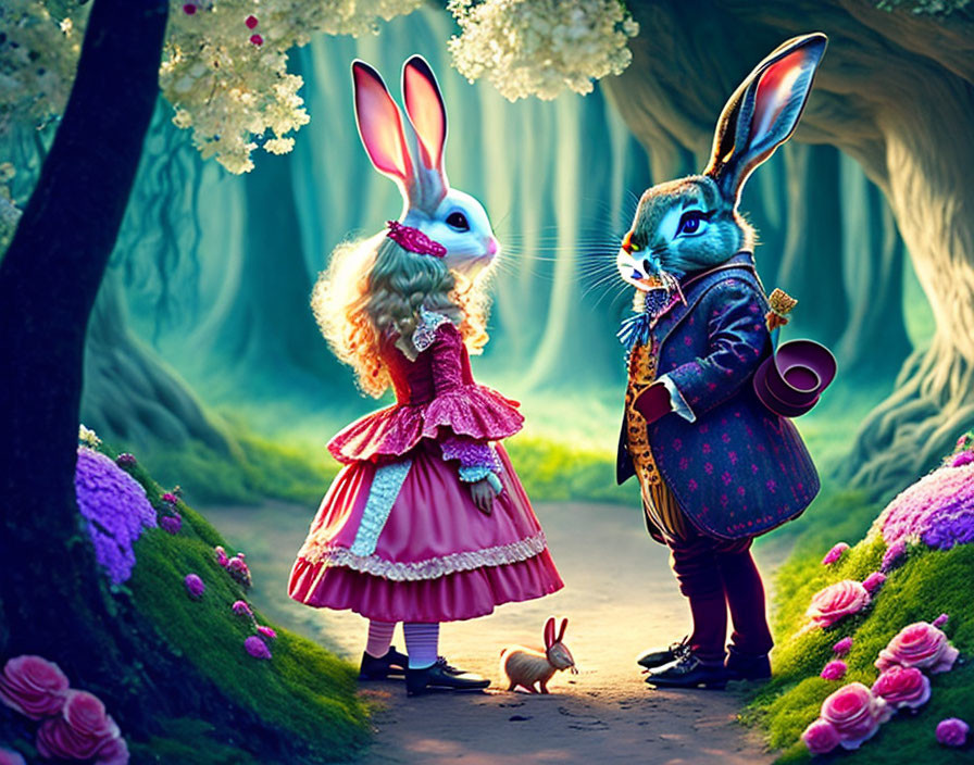 Anthropomorphic rabbits in elegant costumes chatting in magical forest