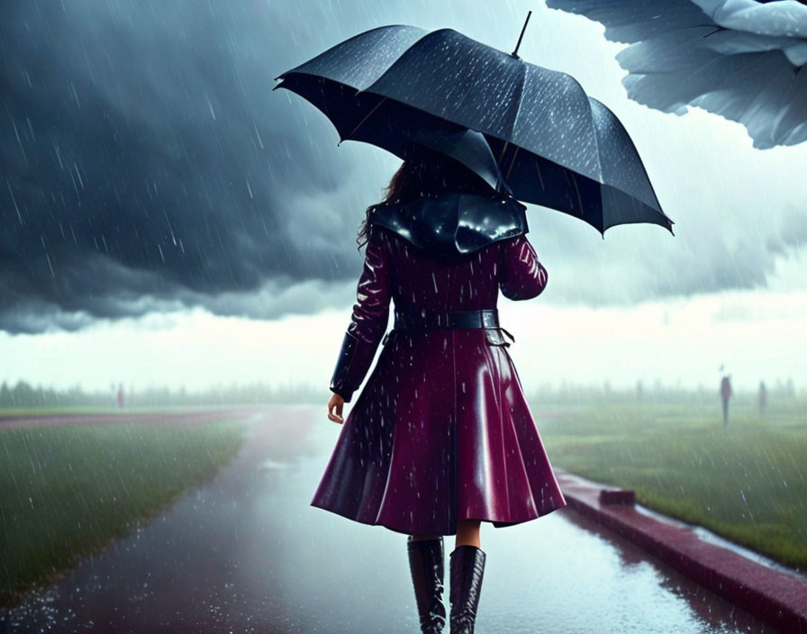 Person in dark coat with black umbrella walks on rainy path